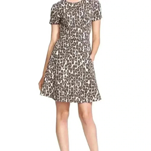KATE SPADE Women Autumn Leopard Dress 2 Tan Brown Short Sleeve A-Line Ponte Knit - Picture 1 of 8